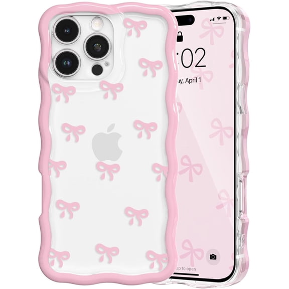 PLUMYHG-for iPhone 15 Pro Max Pink Bow Case, Clear Cute Pink Ribbon Bow Phone Case Curly Wavy Aesthetic Phone Cover, Soft Slim Transparent TPU Shockproof Protective Cover for Women Girls - Tiny Bow