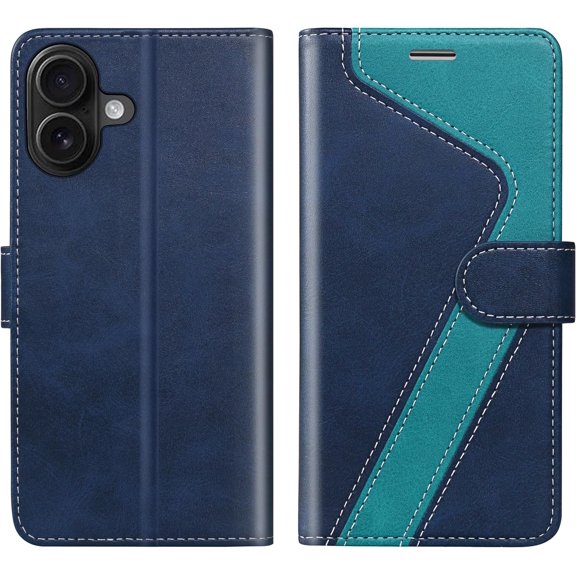 PLUMYHG-for iPhone 16 Plus Wallet Case,PU Leather Flip Case RFID Blocking Credit Card Holder Folio Magnetic Stand TPU Shockproof Cover Compatible with iPhone 16 Plus, Blue Green