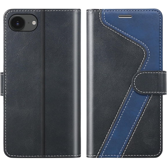 PLUMYHG-for iPhone 16E/SE4 2025 Wallet Case,PU Leather Flip Case RFID Blocking Credit Card Holder Folio Magnetic Stand TPU Shockproof Cover Compatible with iPhone 16E/SE4, Black Blue