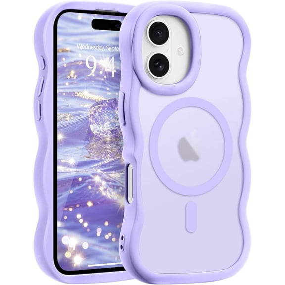 PLUMYHG-for iPhone 17 Case, Curly Wavy Frame Hard Translucent Matte Clear Back Cover for Women Men Compatible with Magsafe TPU Bumper Shockproof Drop Protection Phone Case for iPhone 17, Lavender