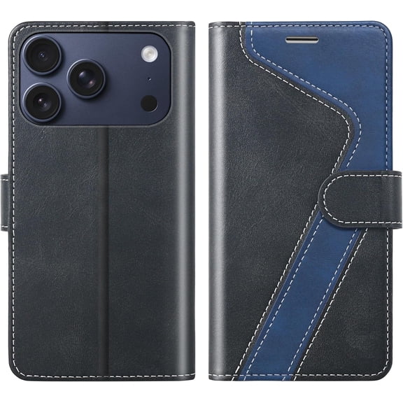 PLUMYHG-for iPhone 17 Pro Max Wallet Case,PU Leather Flip Case RFID Blocking Credit Card Holder Folio Magnetic Stand TPU Shockproof Cover Compatible with iPhone 17 Pro Max, Black Blue