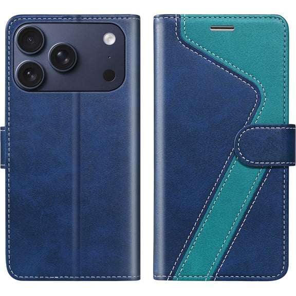 PLUMYHG-for iPhone 17 Pro Max Wallet Case,PU Leather Flip Case RFID Blocking Credit Card Holder Folio Magnetic Stand TPU Shockproof Cover Compatible with iPhone 17 Pro Max, Blue Green