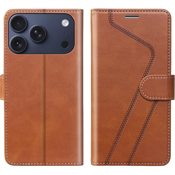 PLUMYHG-for iPhone 17 Pro Wallet Case,PU Leather Flip Case RFID Blocking Credit Card Holder Folio Magnetic Stand TPU Shockproof Cover Compatible with iPhone 17 Pro, Brown