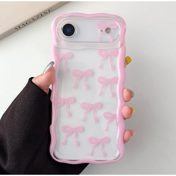 PLUMYHG-for iPhone Air Pink Bow Case, Clear Cute Pink Ribbon Bow Phone Case Curly Wavy Aesthetic Phone Cover, Soft Slim Transparent TPU Shockproof Protective Cover for Women Girls - Ribbon Bow