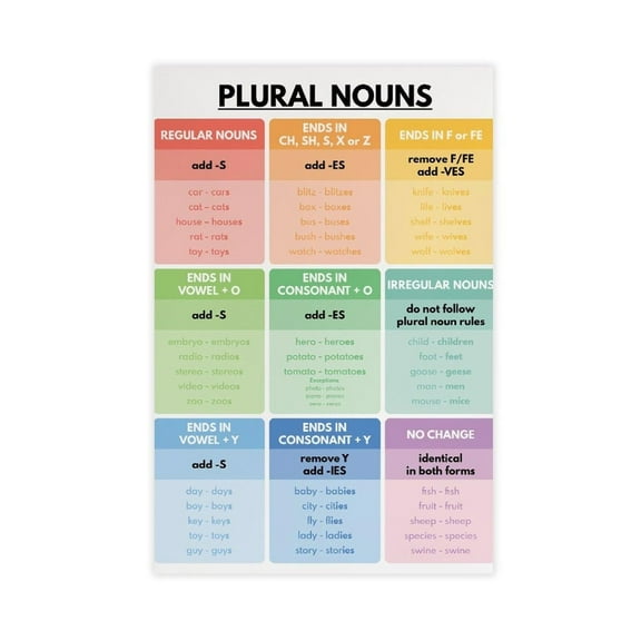 PLURAL NOUNS POSTER, Grammar Rules Chart for Homeschool, Classroom Wall Decor, Parts of Speech Canvas Poster Wall Art Decor Print Picture Paintings for Living Room Bedroom Decoration