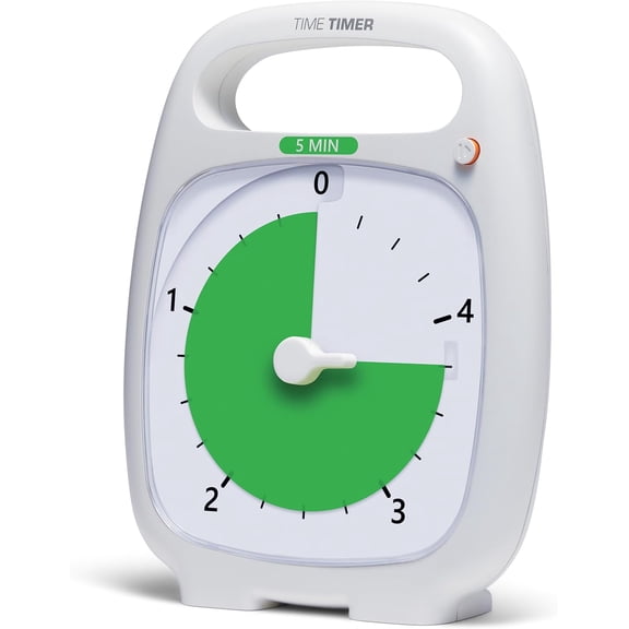 PLUS 5 Minute Desk Visual Timer - Countdown Timer with Portable Handle for Classroom, Office, Homeschooling, Study Tool with Silent Operation (White)
