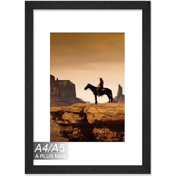 A PLUS MAX Black A4 Frame, Engineered Wood Frame Display Papaer Size A5 Picture with Mat or A4 without Mat, A4 Frame with Wood-grain for Photo 8.3 x 11.7 inch for Wall - 1 Pack