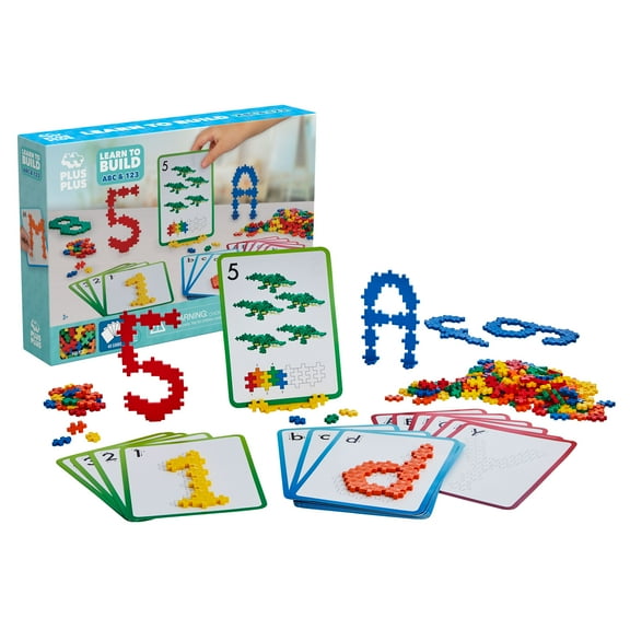 PLUS PLUS - Learn to Build ABC & 123 -400 Pieces, 40 Flash Cards-STEM/STEAM Toy-Interlocking Mini Puzzle Blocks for Kids