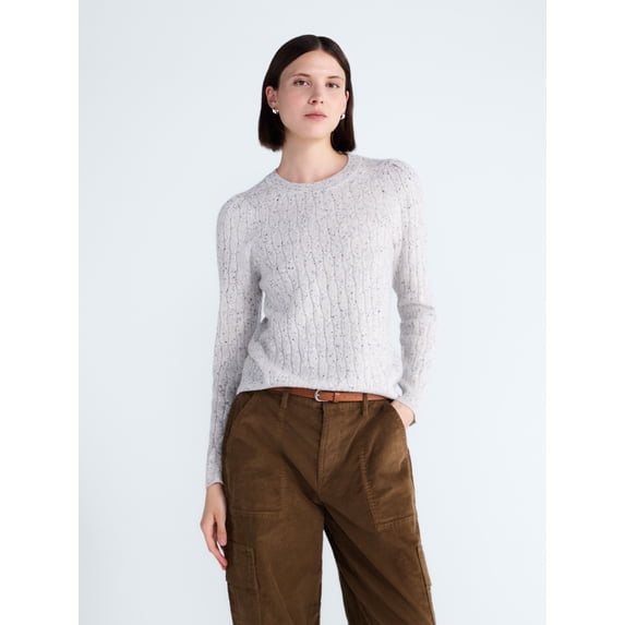Free Assembly Women's and Women's Plus Cashmere Cable Knit Sweater with Puff Sleeves, Midweight, Sizes XS-4X