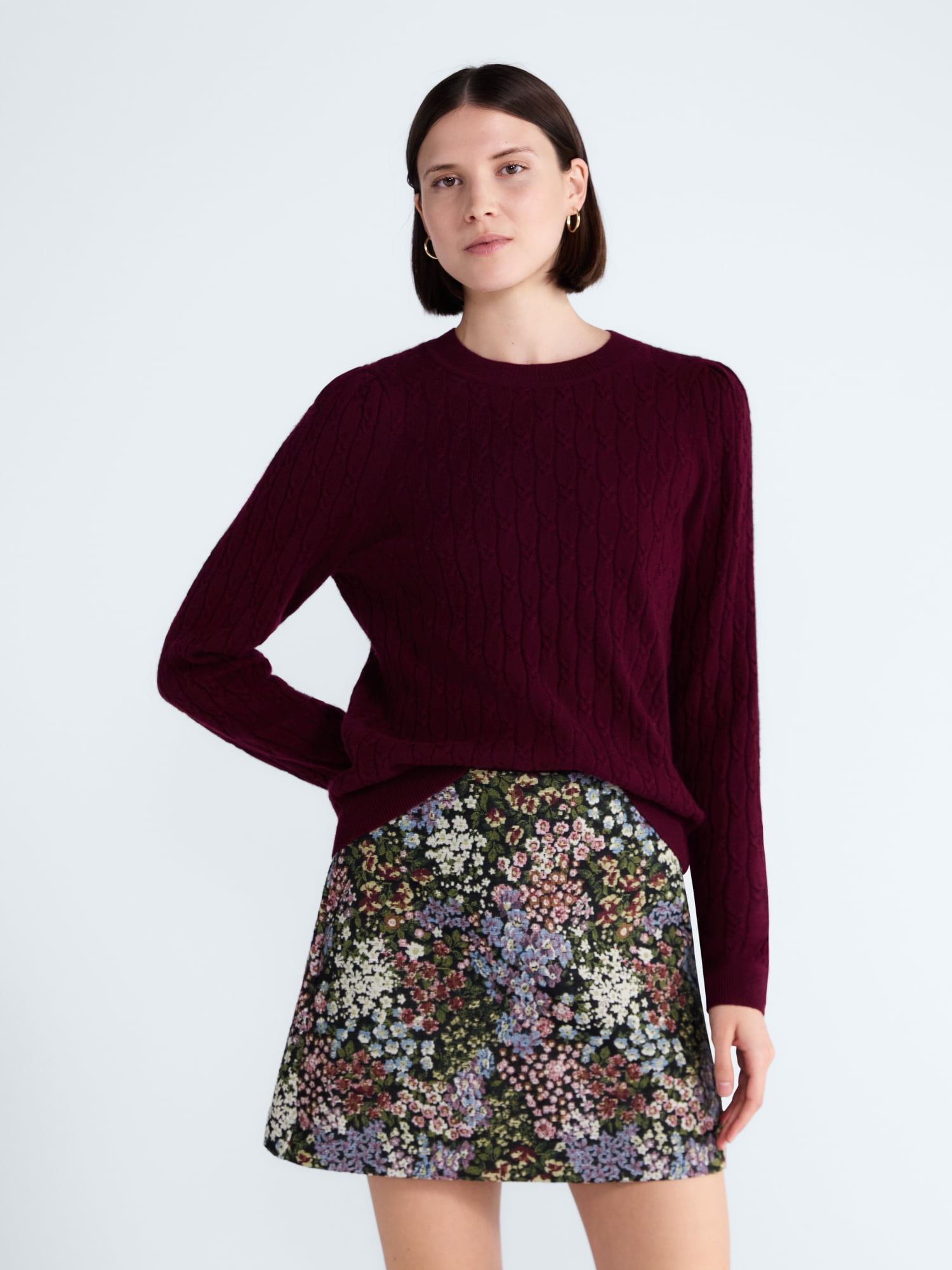 Free Assembly Women's and Women's Plus Cashmere Cable Knit Sweater with Puff Sleeves, Midweight, Sizes XS-4X