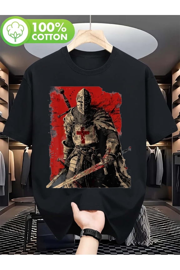 PLUS SIZE 100% Cotton American Crusader T-Shirt - Black Templar Knight with Sword & Cross Design, Casual Crew Neck for Men, Casual Wear | Graphic Tee | Cotton Fabric
