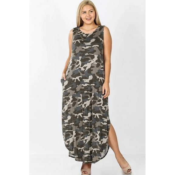PLUS SIZE CAMOUFLAGE PRINT SLEEVELESS MAXI DRESS WITH SIDE POCKETS (ArmyGreen, 1X)