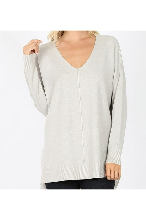 PLUS SIZE GARMENT DYED HI-LOW HEM FRONT SEAM SWEATER