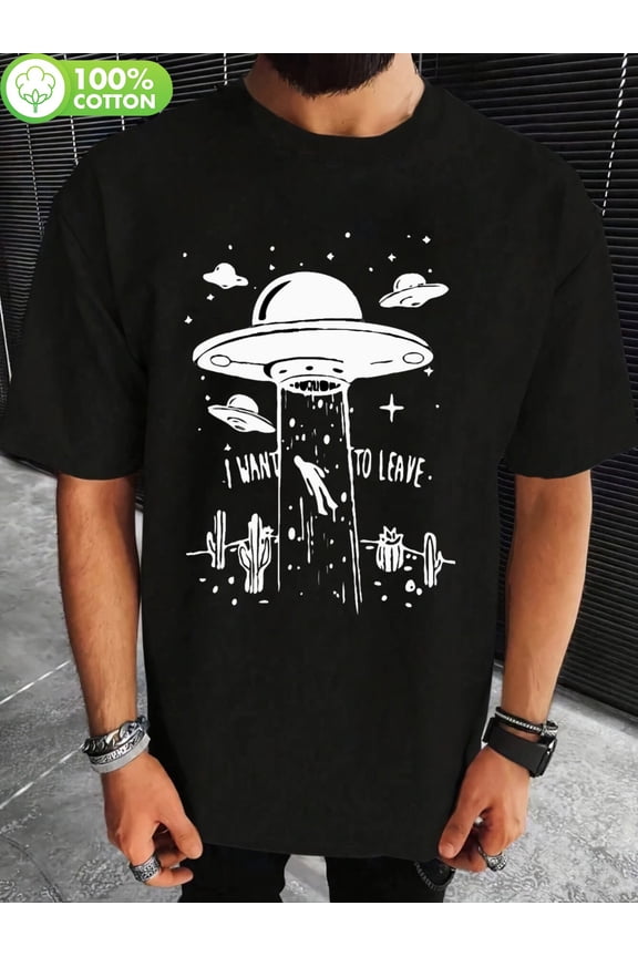 PLUS SIZE Men's Retro UFO Alien Cartoon Print T-Shirt - 100% Cotton Relaxed Fit Crew Neck Tee with "I WANT to LEAVE" Graphic, Breathable Casual Short Sleeve Shirt for Gym, Travel