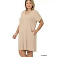 thumbnail image 1 of PLUS SIZE ROLLED SHORT SLEEVE V-NECK DRESS WITH SIDE POCKETS (AshMocha, 2X), 1 of 7