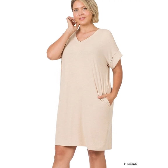 PLUS SIZE ROLLED SHORT SLEEVE V-NECK DRESS WITH SIDE POCKETS (Beige, 3X)