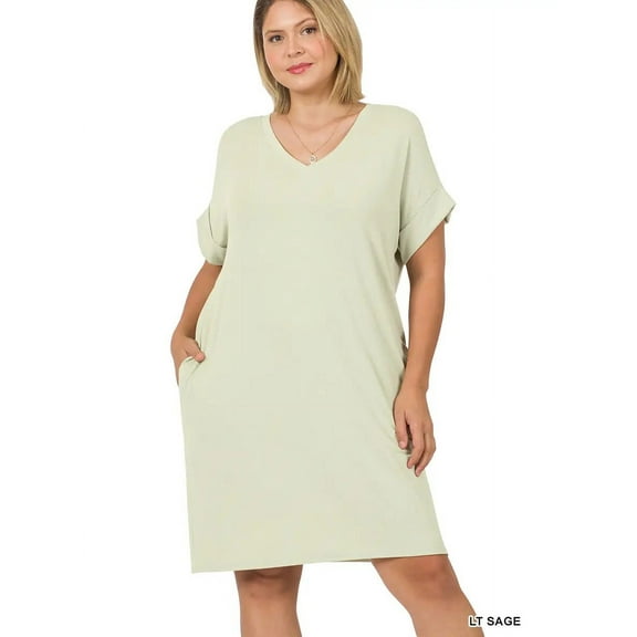 PLUS SIZE ROLLED SHORT SLEEVE V-NECK DRESS WITH SIDE POCKETS (LightSage, 3X)
