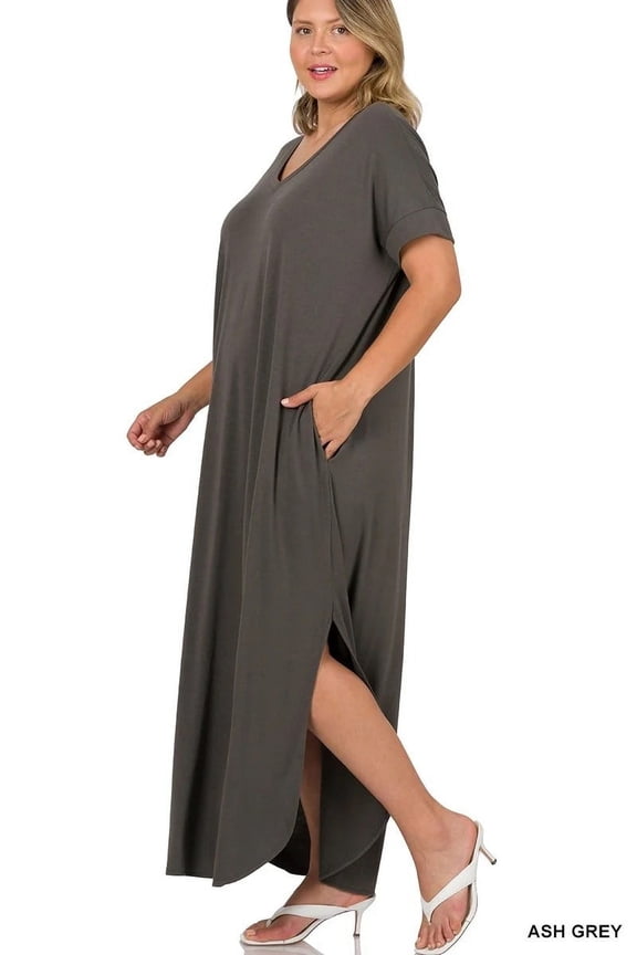 PLUS SIZE V-NECK SHORT SLEEVE MAXI DRESS (AshGrey, 3X)