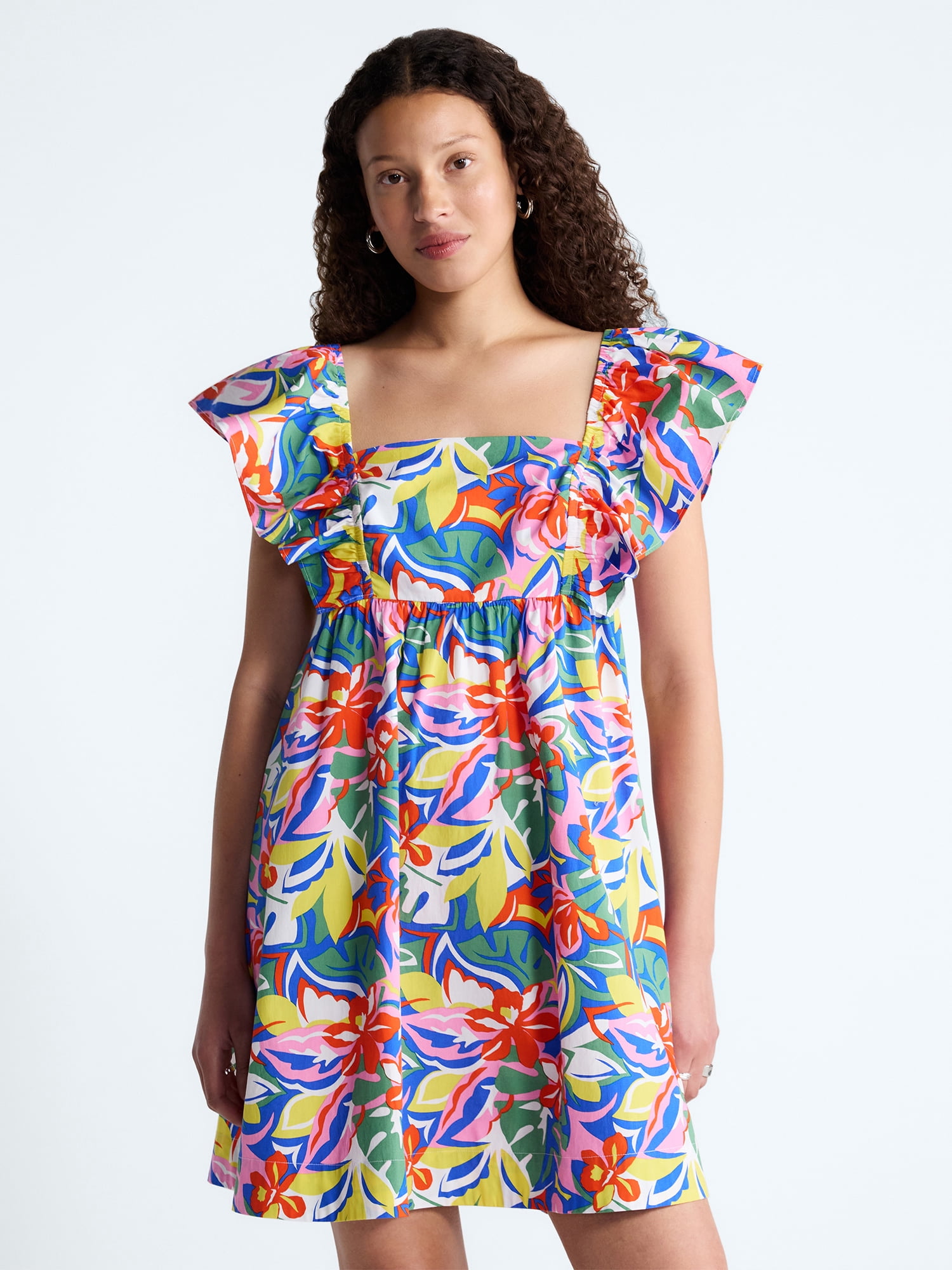 Free Assembly Women's and Women's Plus Square Neck Flutter Sleeve Mini Dress, XS-4X