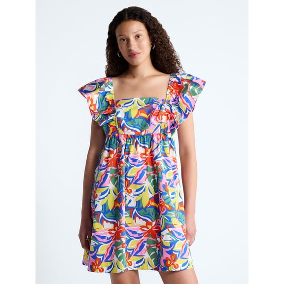 Free Assembly Women's and Women's Plus Square Neck Flutter Sleeve Mini Dress, XS-4X
