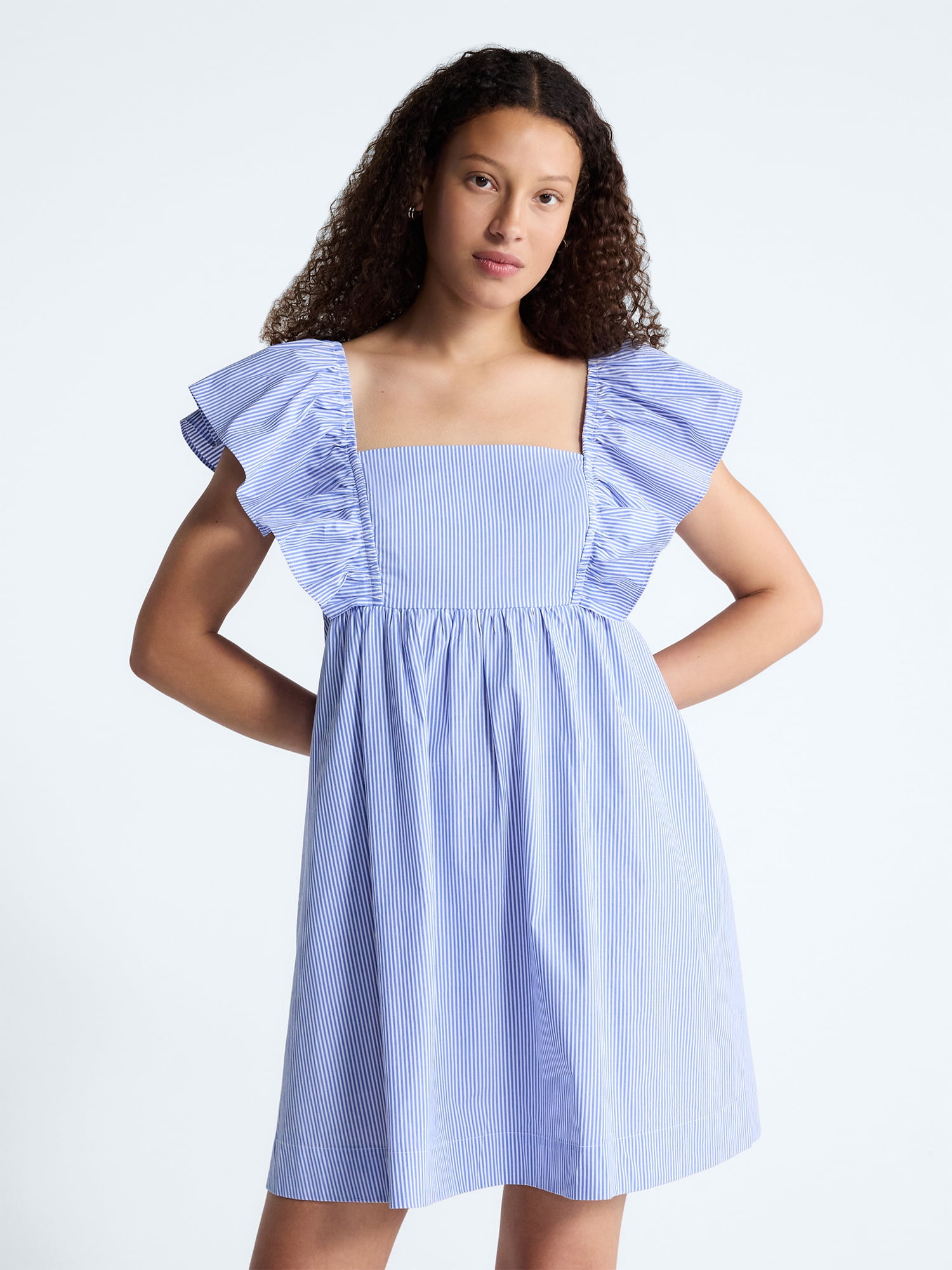 Free Assembly Women's and Women's Plus Square Neck Flutter Sleeve Mini Dress, XS-4X