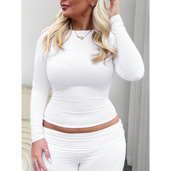 PLUS WOMEN'S PLAIN ROUND NECK LONG SLEEVE RUCHED FITTED T-SHIRT SUITABLE FOR SUMMER AND AUTUMN/WINTER SEASONS