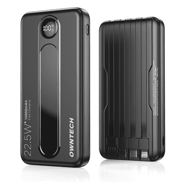 OWNTECH 10000mAh Portable Charger with Built-in Cables, 22.5W Fast Charging, USB-C Power Bank, LED Display, Compatible with iPhone 16/15/14, Samsung & Android Phones (Black)