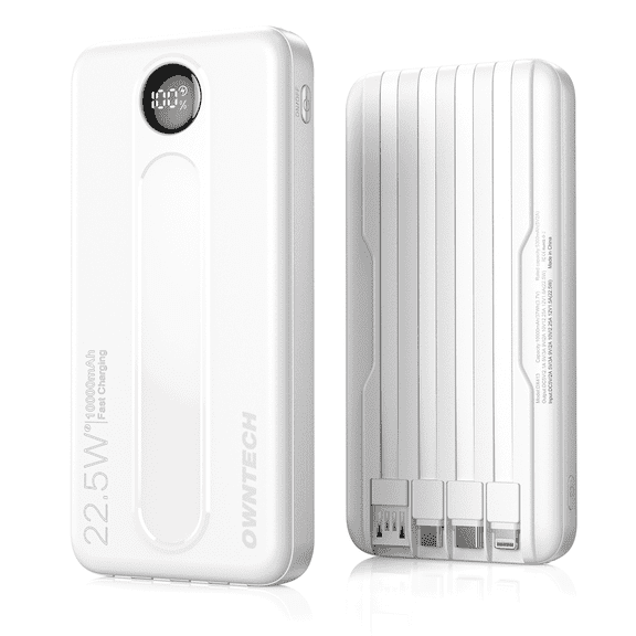 OWNTECH 10000mAh Portable Charger with Built-in Cables, 22.5W Fast Charging, USB-C Power Bank, LED Display, Compatible with iPhone 16/15/14, Samsung & Android Phones (White)