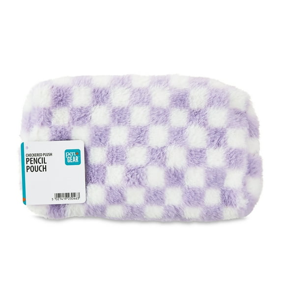 Pen+Gear Middle School & High School, Checked Plush Pencil Pouch, Lilac and White