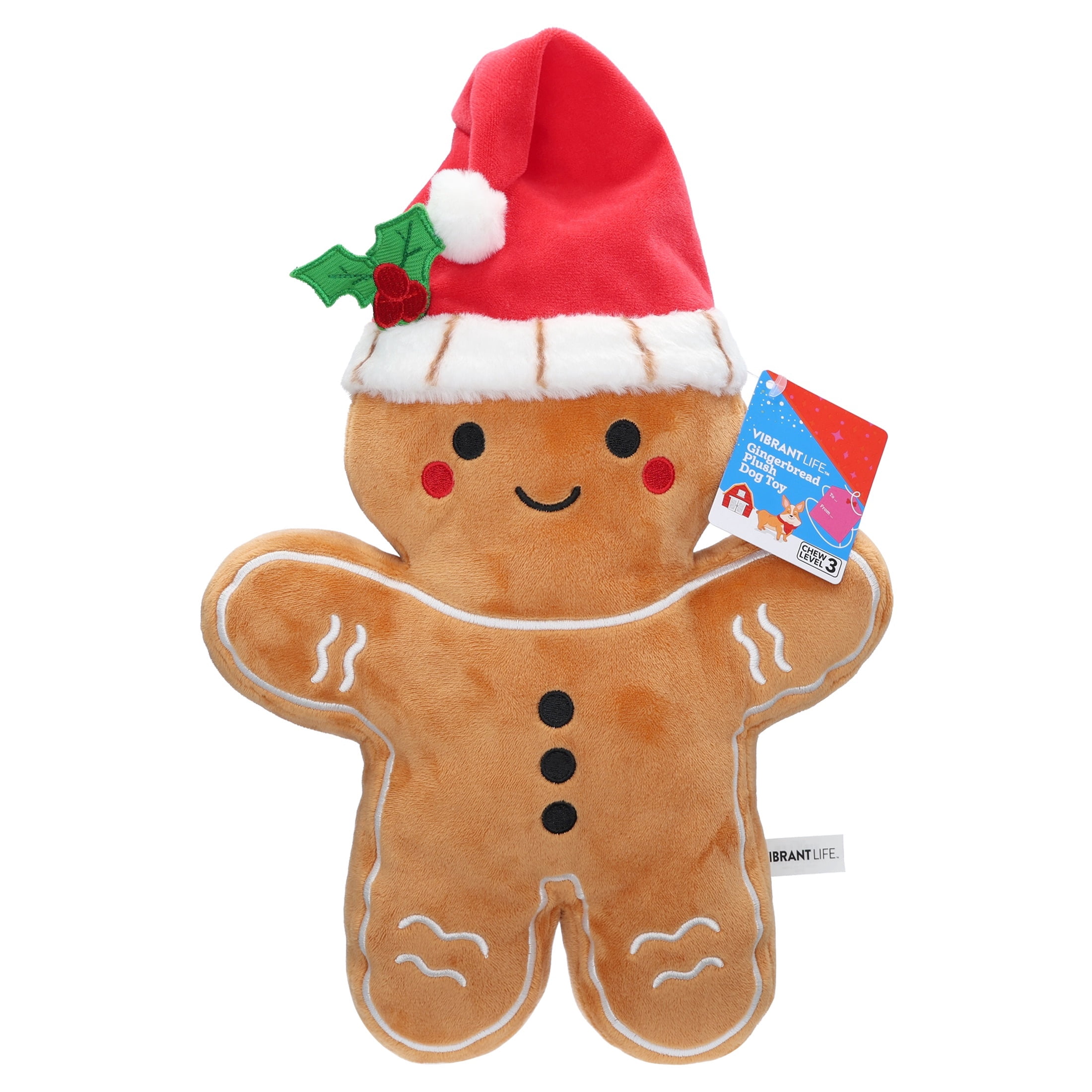 Vibrant Life Holiday Gingerbread Plush Dog Toy with Squeaker, Brown and Red, Chew Level 3