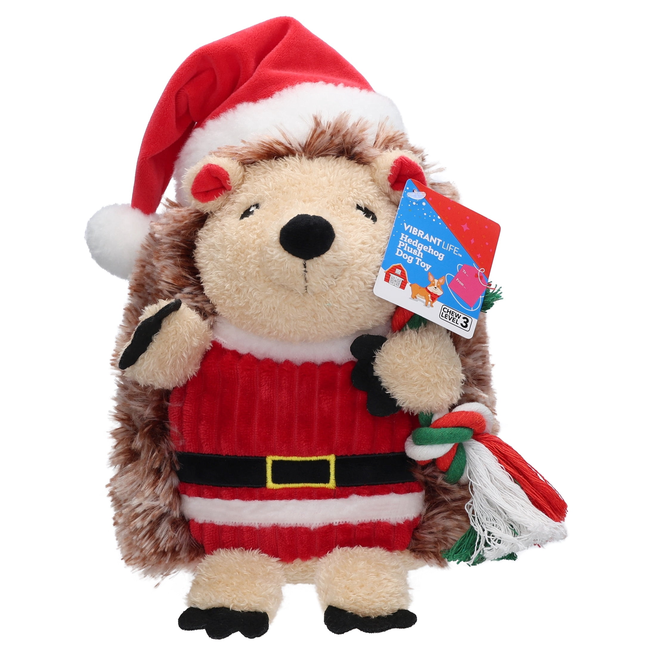Vibrant Life Holiday Hedgehog Plush Dog Toy with Squeaker, Brown and Red, Chew Level 3