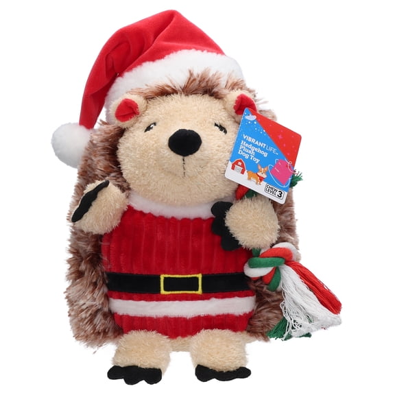 Vibrant Life Holiday Hedgehog Plush Dog Toy with Squeaker, Brown and Red, Chew Level 3