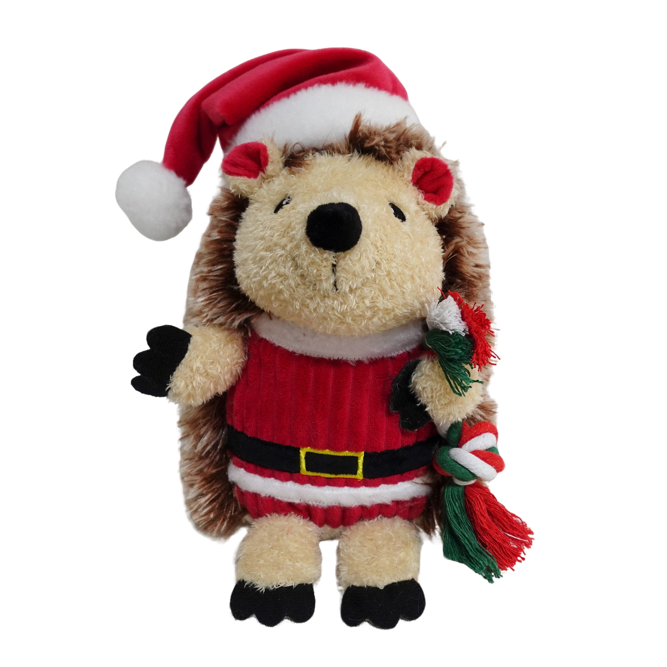 Vibrant Life Holiday Plush Dog Toy, Hedgehog with Candy Cane Rope, Brown and Red, 9"