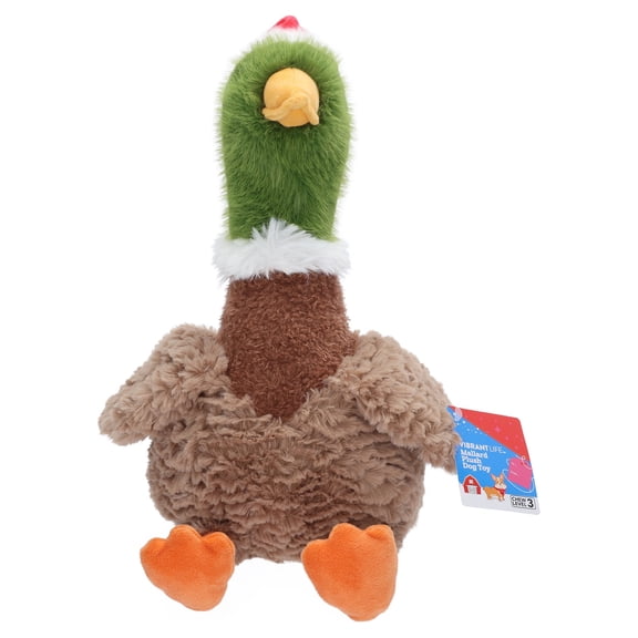 Vibrant Life Holiday Duck with Santa Hat Plush Dog Toy with Squeaker, Brown/Green/Red, Chew Level 3