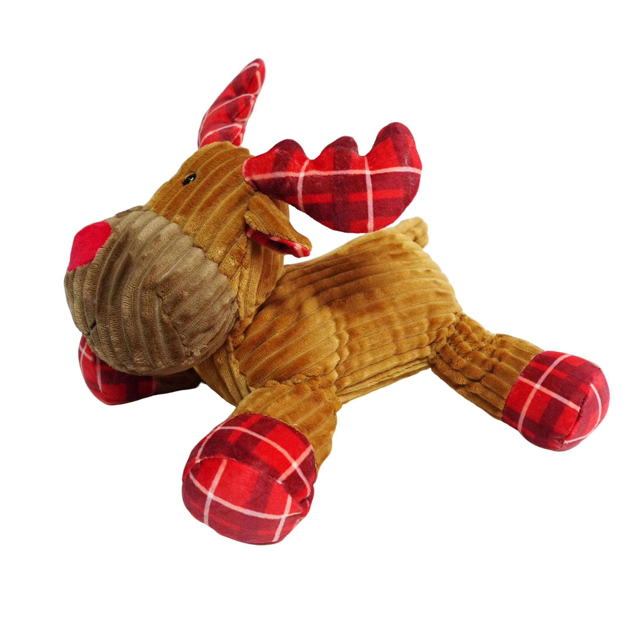 Vibrant Life Holiday Plaid Reindeer Plush Dog Toy with Squeaker, Brown and Red, Chew Level 3