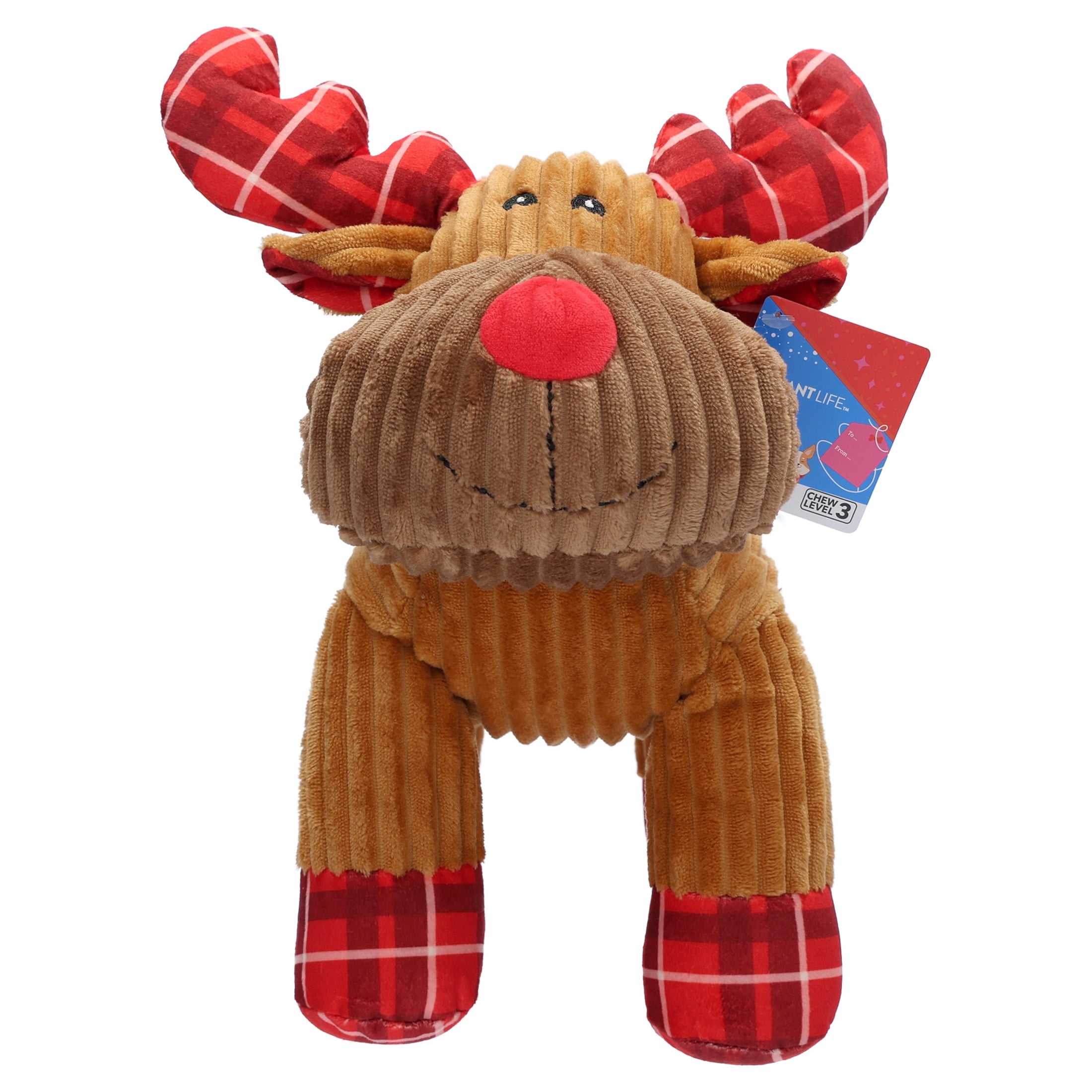 Vibrant Life Holiday Plaid Reindeer Plush Dog Toy with Squeaker, Brown and Red, Chew Level 3