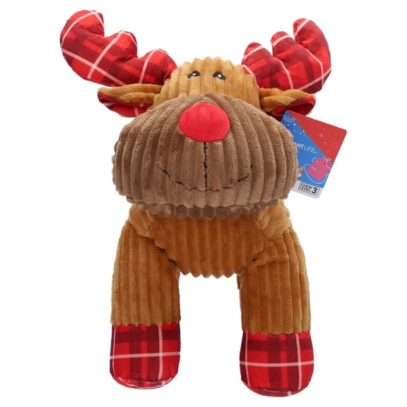Vibrant Life Holiday Plaid Reindeer Plush Dog Toy with Squeaker, Brown and Red, Chew Level 3