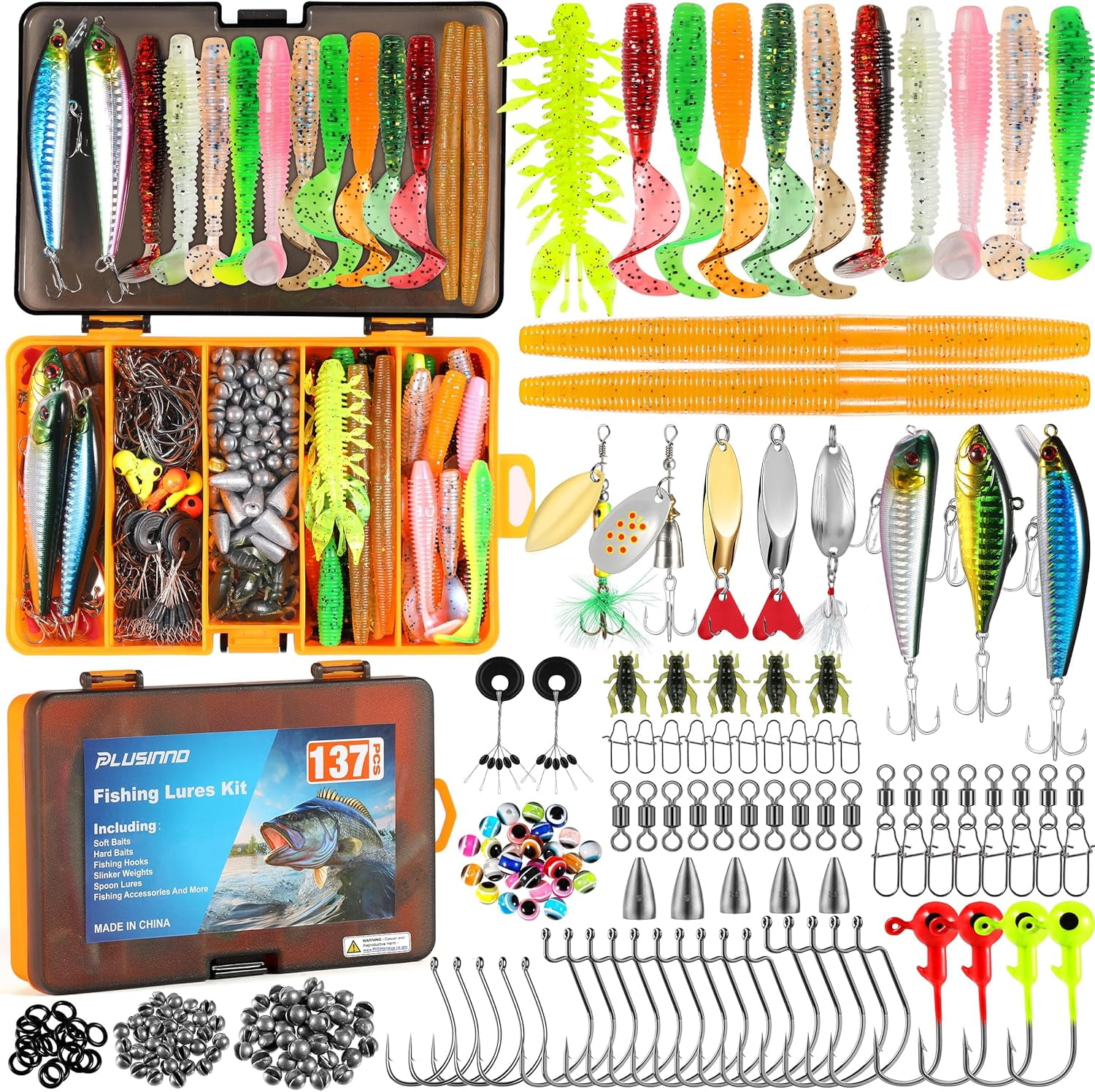 PLUSINNO 137 PCS Fishing Lures, Upgrade Fishing Tackle Box with Tackle
