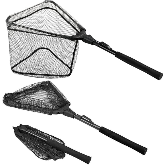 PLUSINNO Fishing Net Fish Floating Landing Net, Kayak Nets with Fixed Foldable Telescopic Pole Handle, Bass Trout Fishing Nets with Nylon Mesh for Pond Lake River, Fishing Gear Gifts for Men Anglers