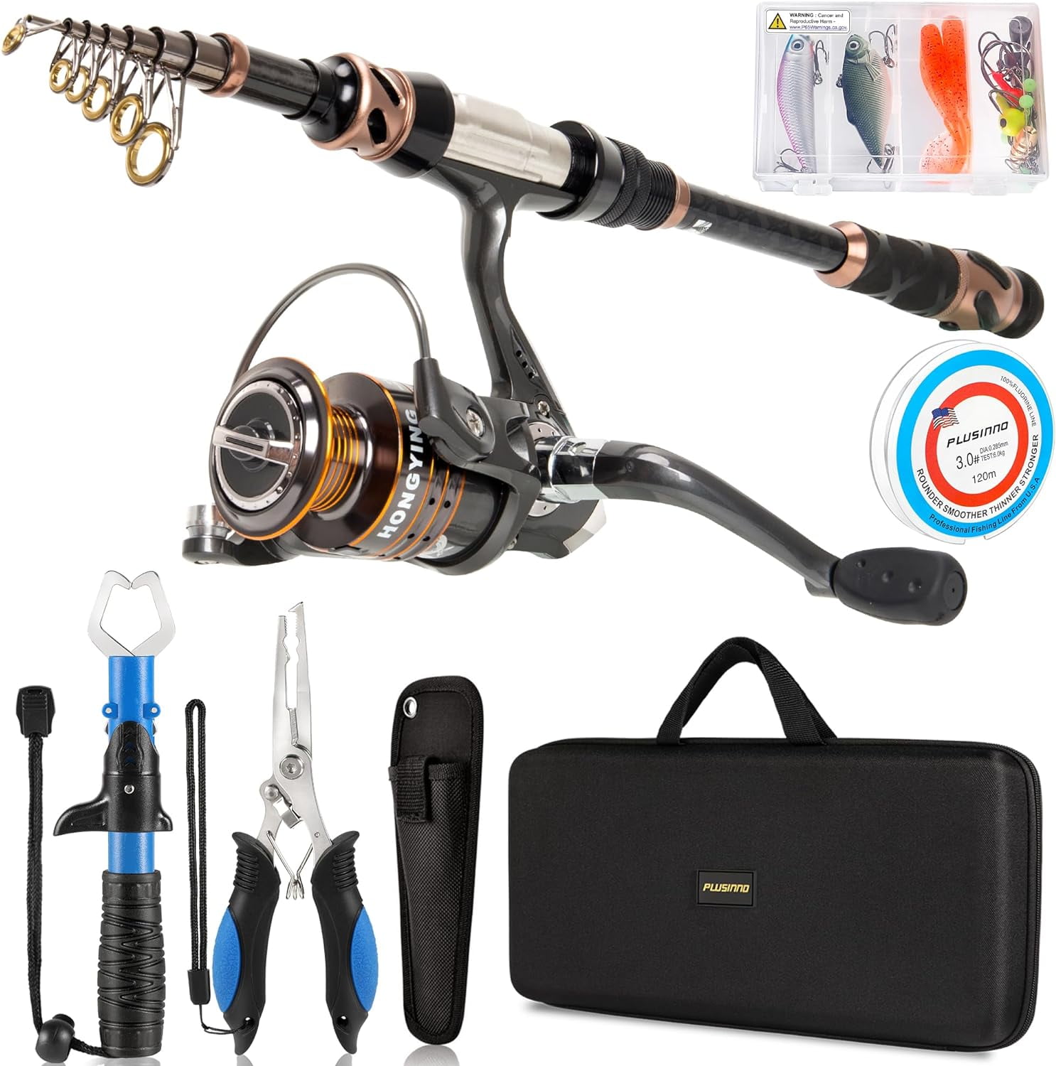 PLUSINNO Fishing Rod and Reel Combos Carbon Fiber Telescopic Fishing Pole Spinning Reel 12