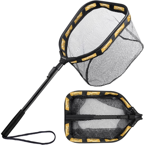 PLUSINNO Floating Fishing Net for Steelhead, Salmon, Fly, Kayak, Catfish, Bass, Trout Fishing, Rubber Coated Foldable Landing Net with Fixed or Telescoping Pole Handle, Fishing Gear and Gifts for Men