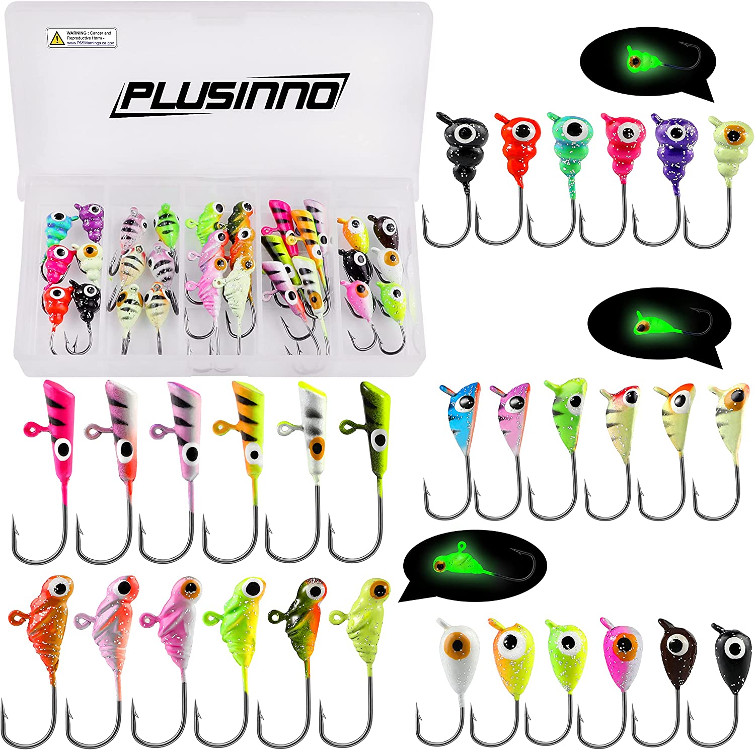 PLUSINNO Ice Fishing Gear, Ice Fishing Jigs, Crappie Jigs, Glow in The Dark Jig Heads for Ice