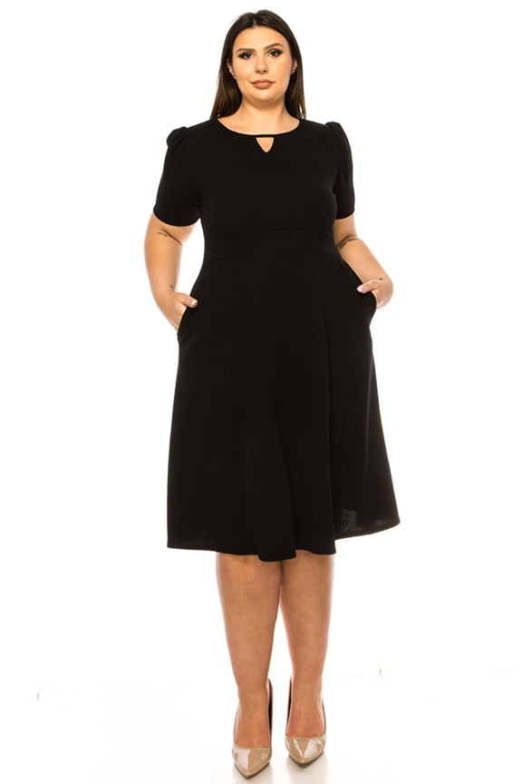 Fit & Flare Puff Short Sleeve Keyhole Neck Casual Dress, Women's Plus