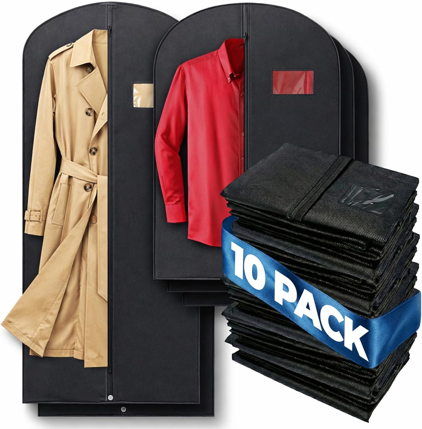 PLX Black Garment Bags for Hanging Clothes, Men Suit Bag for Travel and Clothing Storage of Women Dresses, Shirts, Fur Coats, Dance Costumes Suit Cover - Closet Garment Bags w/ Zipper (10 Packs)