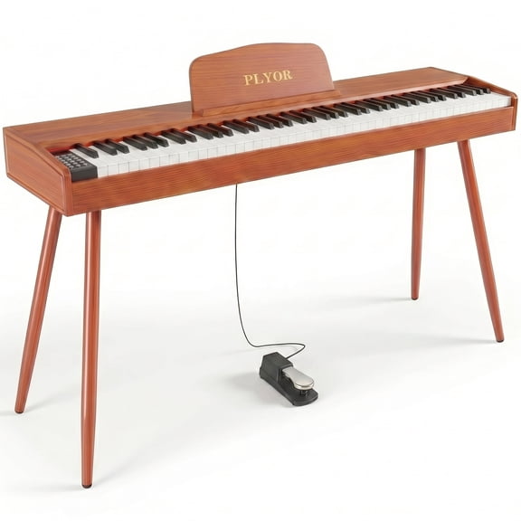 PLYOR 88 Key Electric Piano Keyboard Semi Weighted for Beginners, Full Size Digital Piano with Sheet Music Stand,Sustain Pedal,MIDI USB,Headphone Jack, Brown