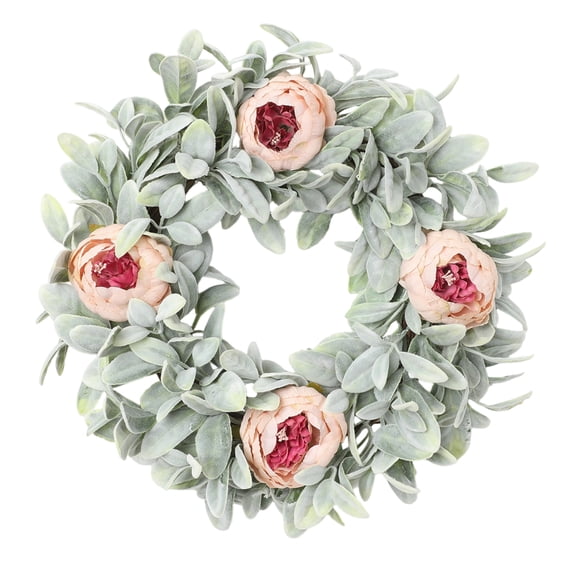 PLYZLE 18" Wreaths for Front Door, Simulated Peony Garland with Flocked Lamb Ear for Wall Window Home Porch Indoor Wedding Anniversary Festival Décor