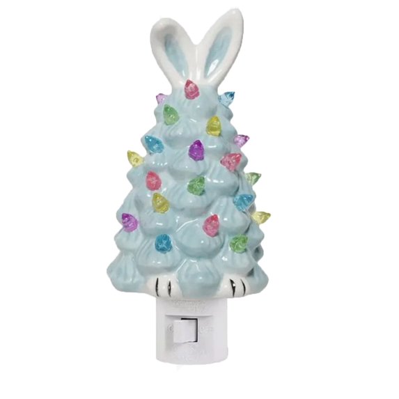 PLYZLE Easter Bunny Night Light 2025 Easter Bunny Tree Light with Multicolored Lights Christmas Tree Night Lights Spring Easter Rabbit Night Light for Home Easter Decorations (Blue, 1PC)