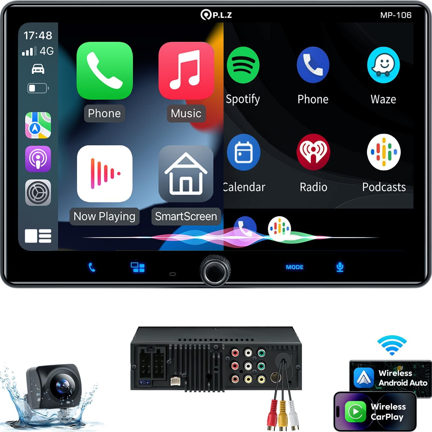 PLZ Single Din Car Stereo Apple Car Play Radio, Wireless 10.1" Carplay