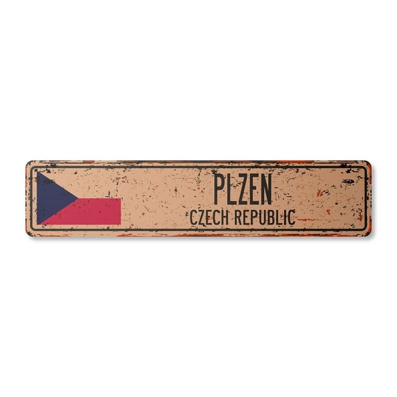 PLZEN CZECH REPUBLIC Vintage Aluminum Street Sign Czechoslovakian flag city country road rustic metal tin gift | Indoor/Outdoor | 18" Wide
