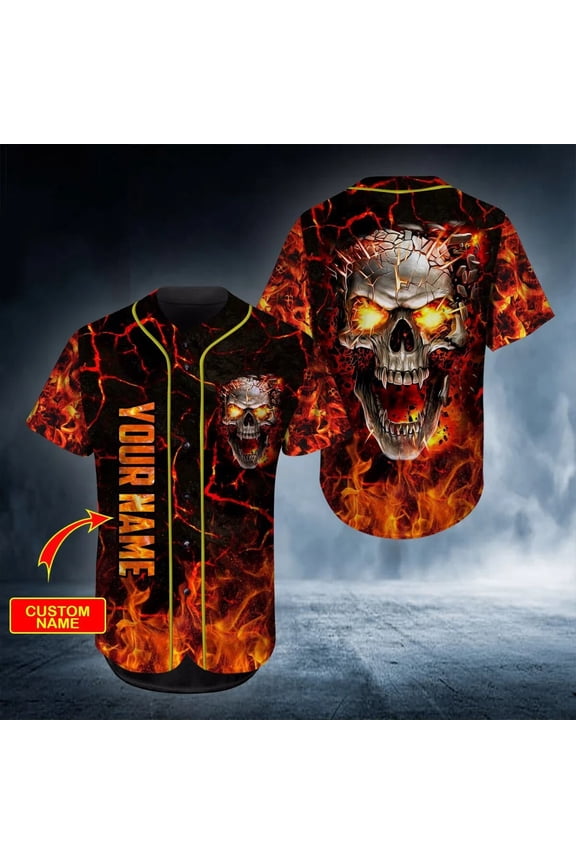 PLstar Cosmos Fire Rock Skull Personalized Name 3D All Over Printed Shirts Baseball Jersey